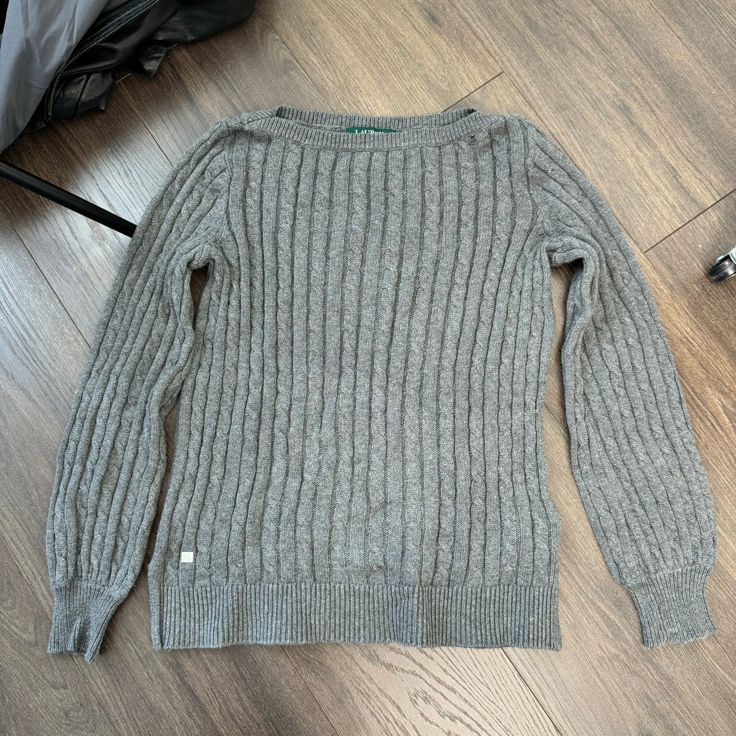 Ralph Lauren Boat Neck Grey Cable Knit Sweater