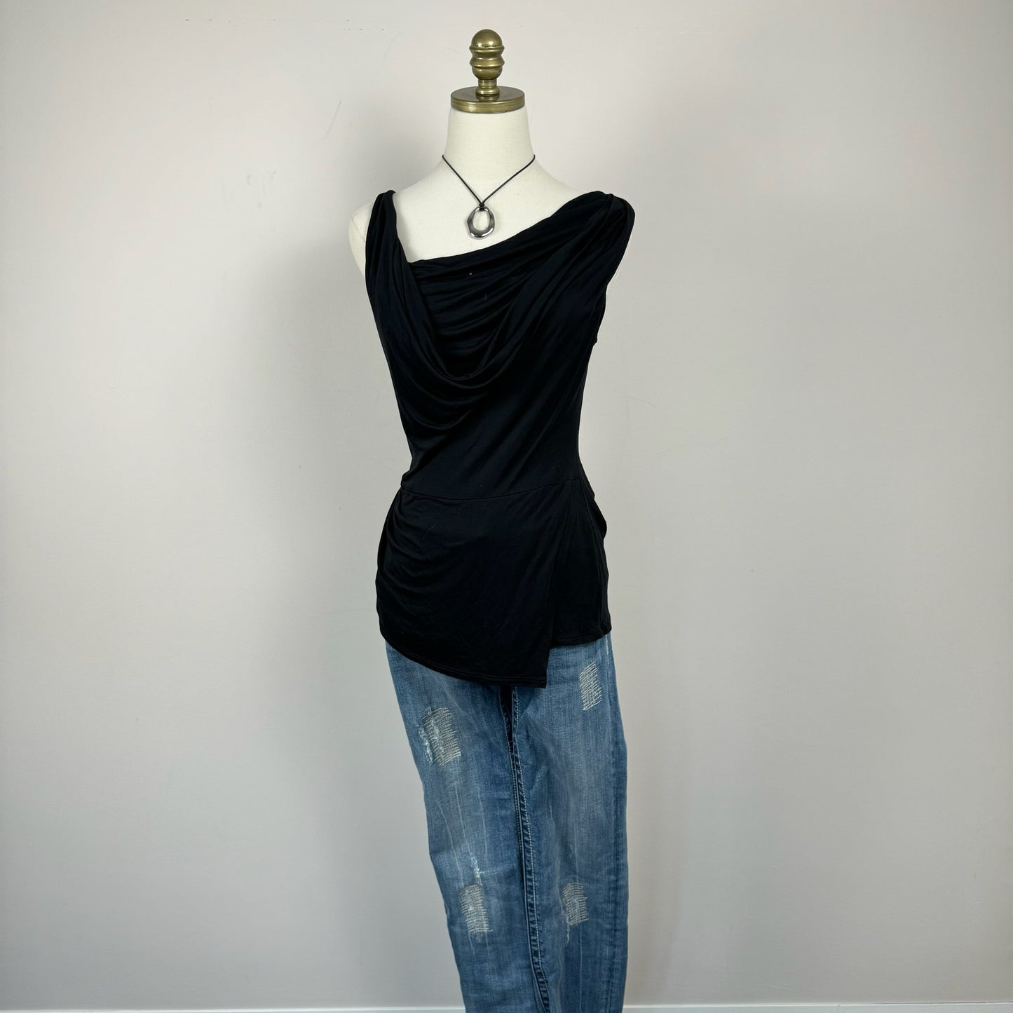 BCBG Black Off Shoulder Asymmetric Cowl Neck Top