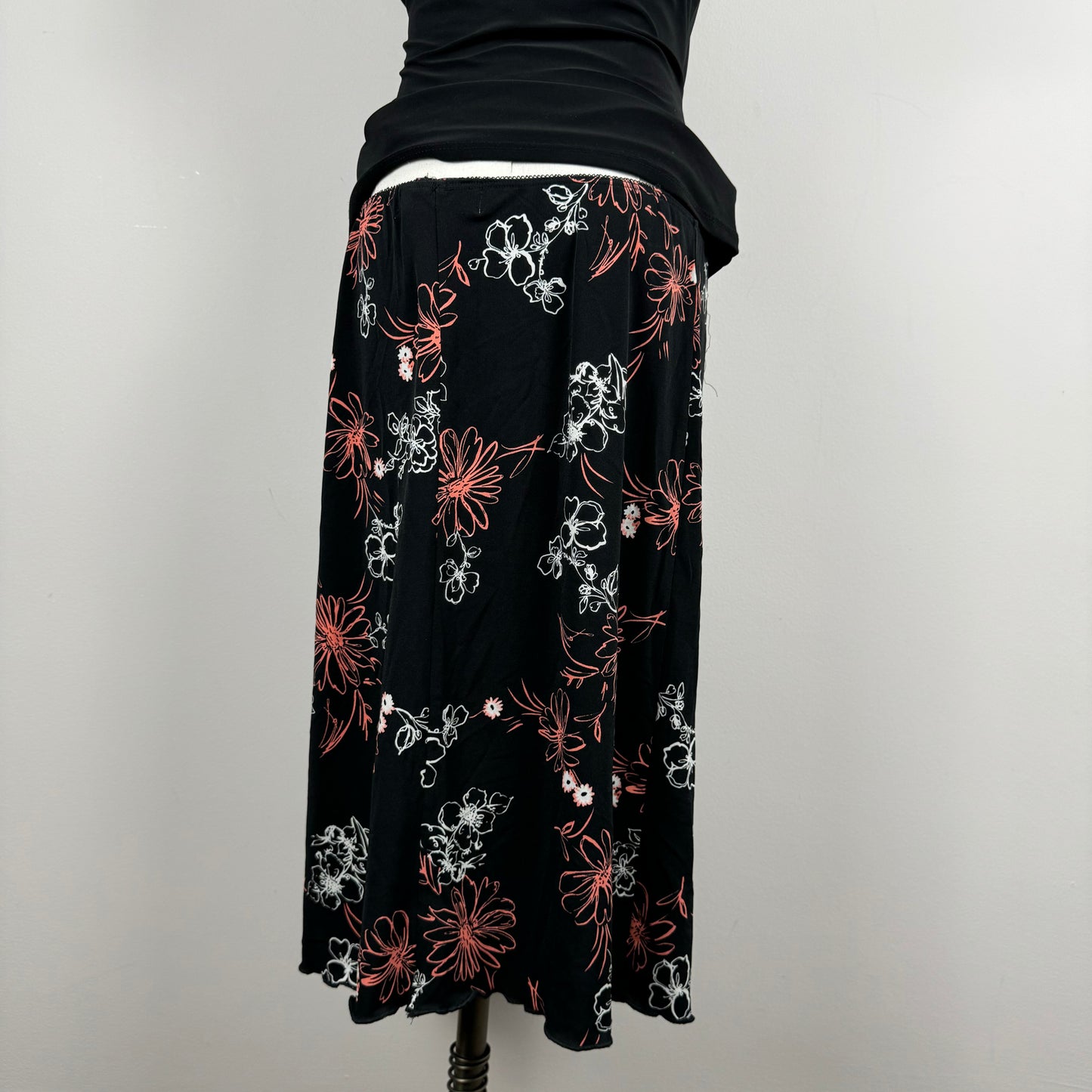 Black Floral Print Midi Skirt
