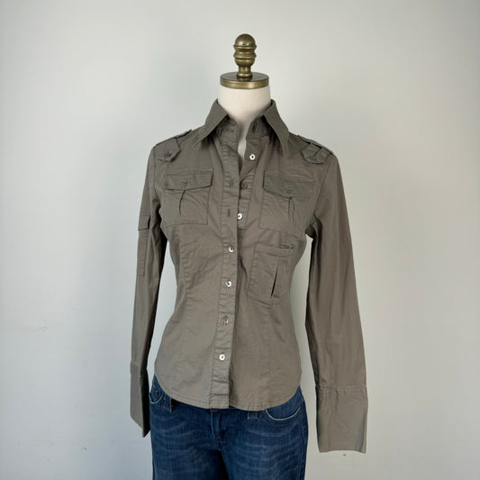 Khaki/Olive Green Fitted Utility Button Up Shirt