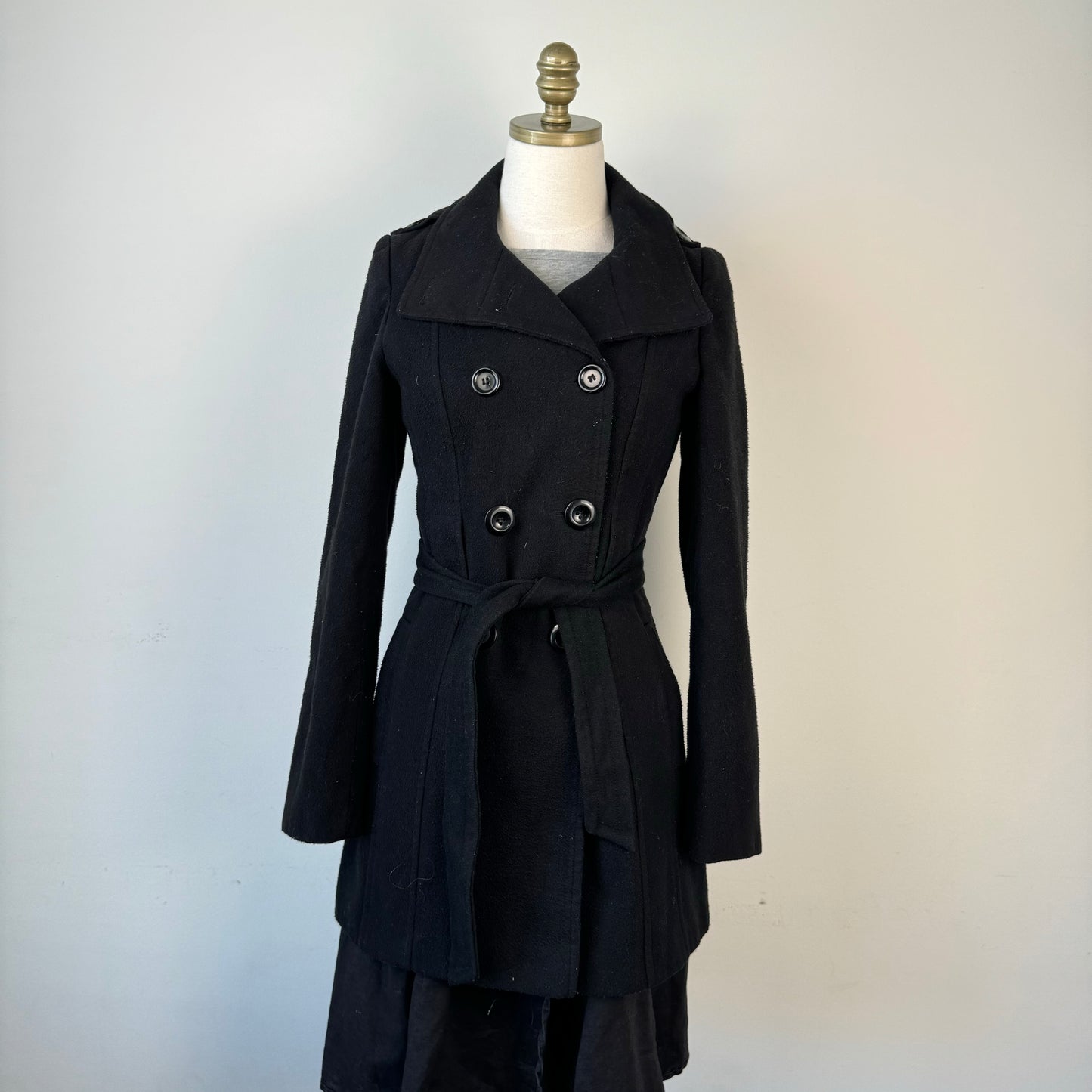 Vintage Black Wool Button Up Trench Coat