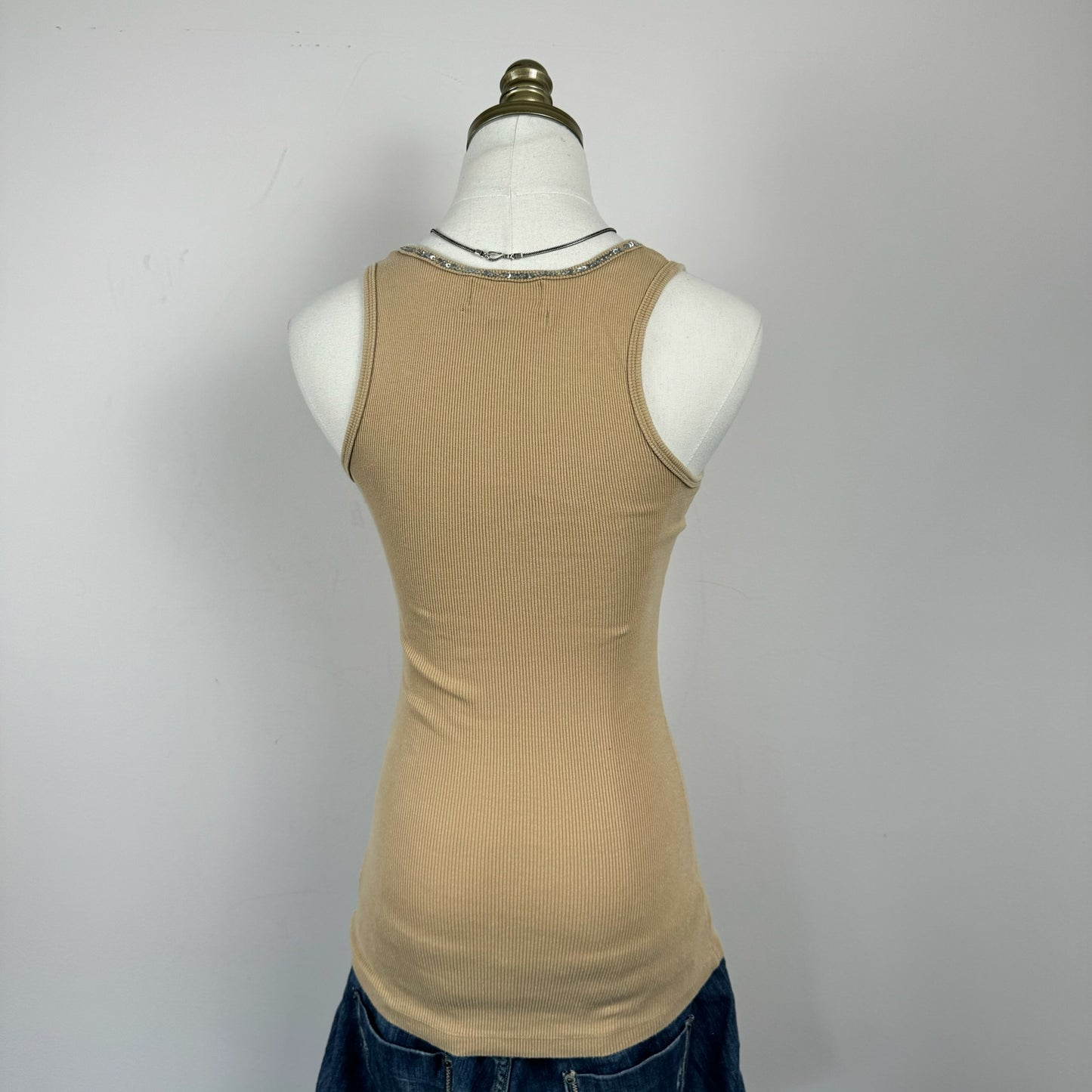 Fitted Beaded Beige Ribbed Knit Tank Top