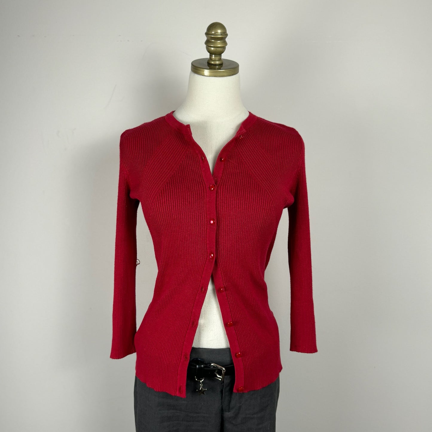 Red Ribbed Knit Fitted Cardigan