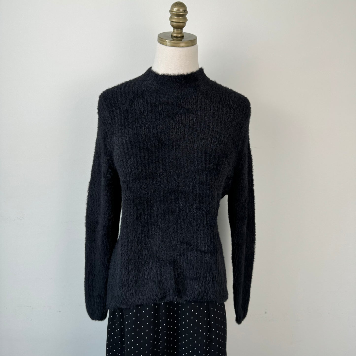 Black Fuzzy Knit Mock Neck Sweater