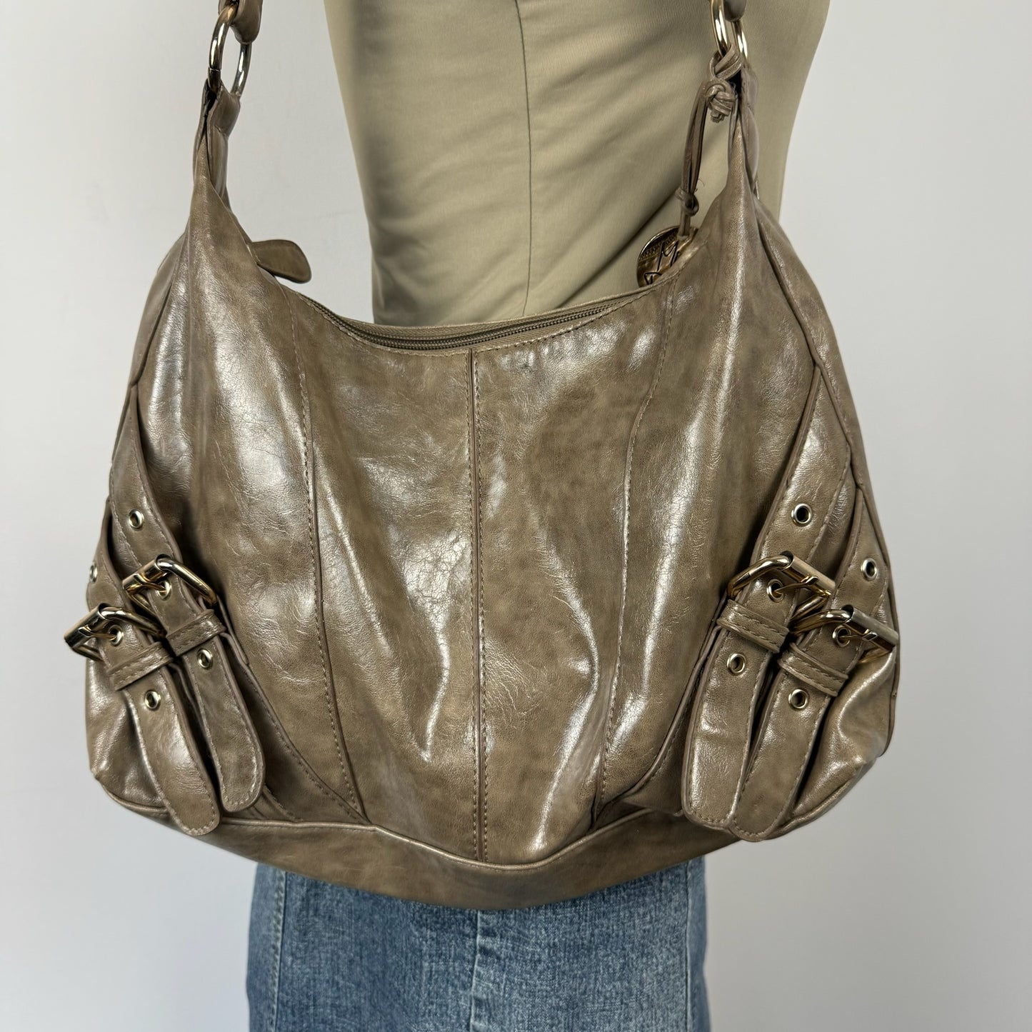 Mocha Brown Leather Buckled Shoulder Bag