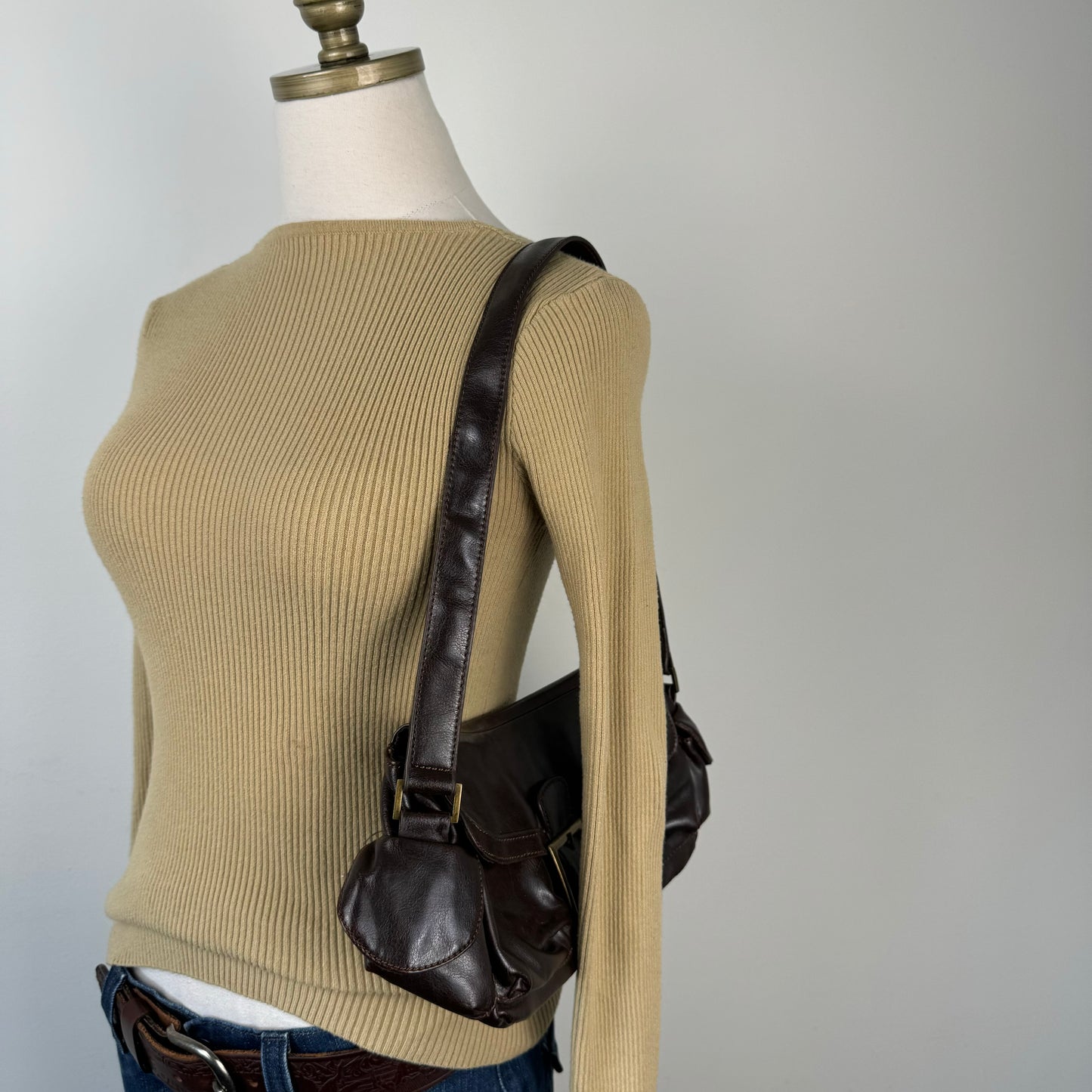 Brown Mini Shoulder Bag with Gold Buckle