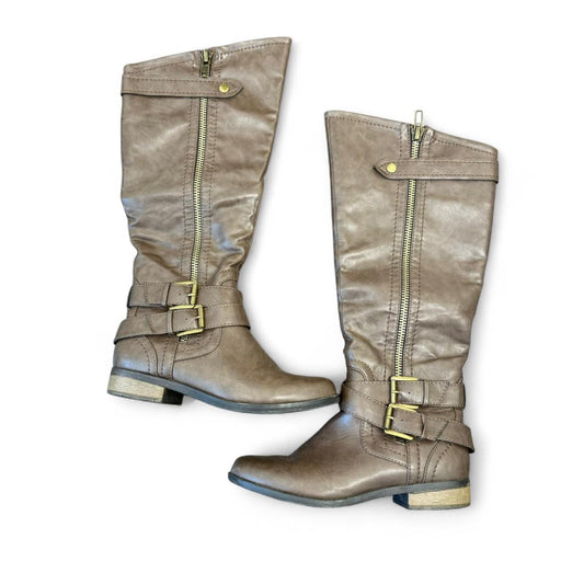Brown Gold Buckle High Leather Boots  (US7)