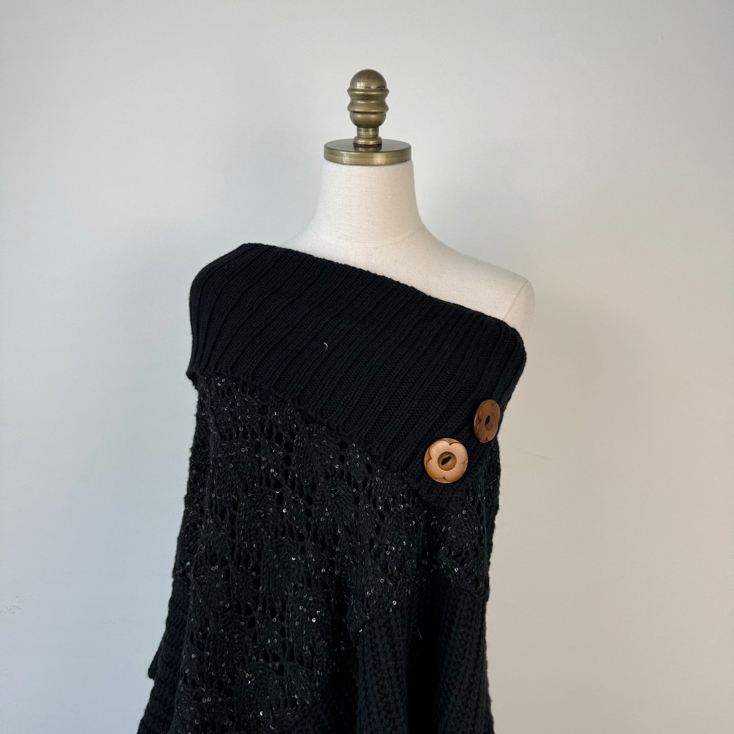 Black Knit Poncho with Brown Buttons