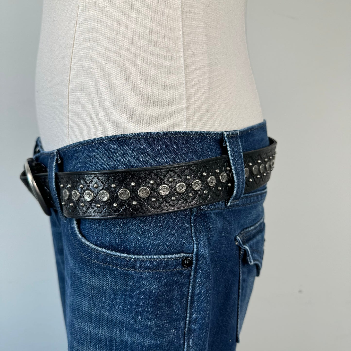 Black Studded Silver Buckle Leather Belt