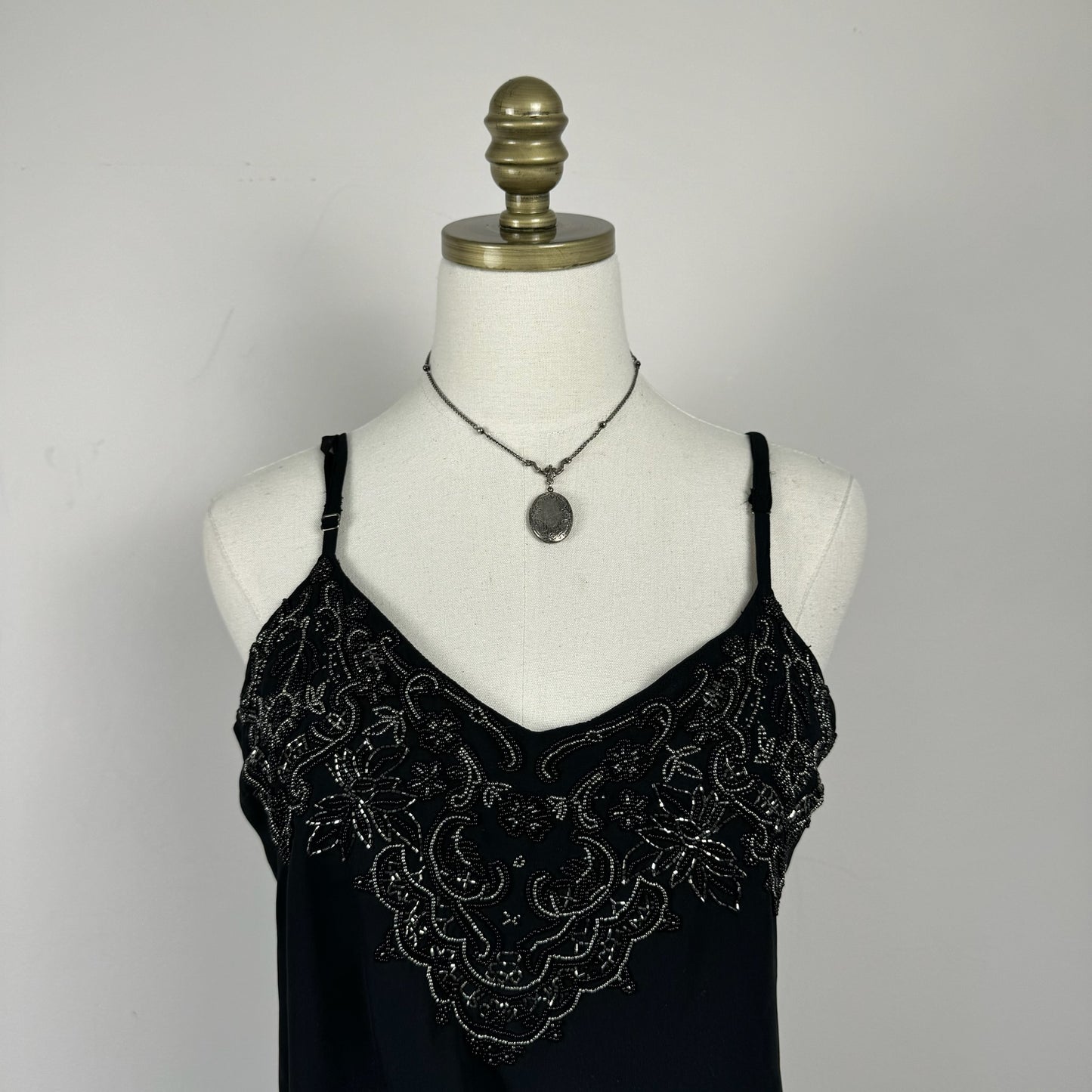 Black Beaded Sleeveless Top with Fringe