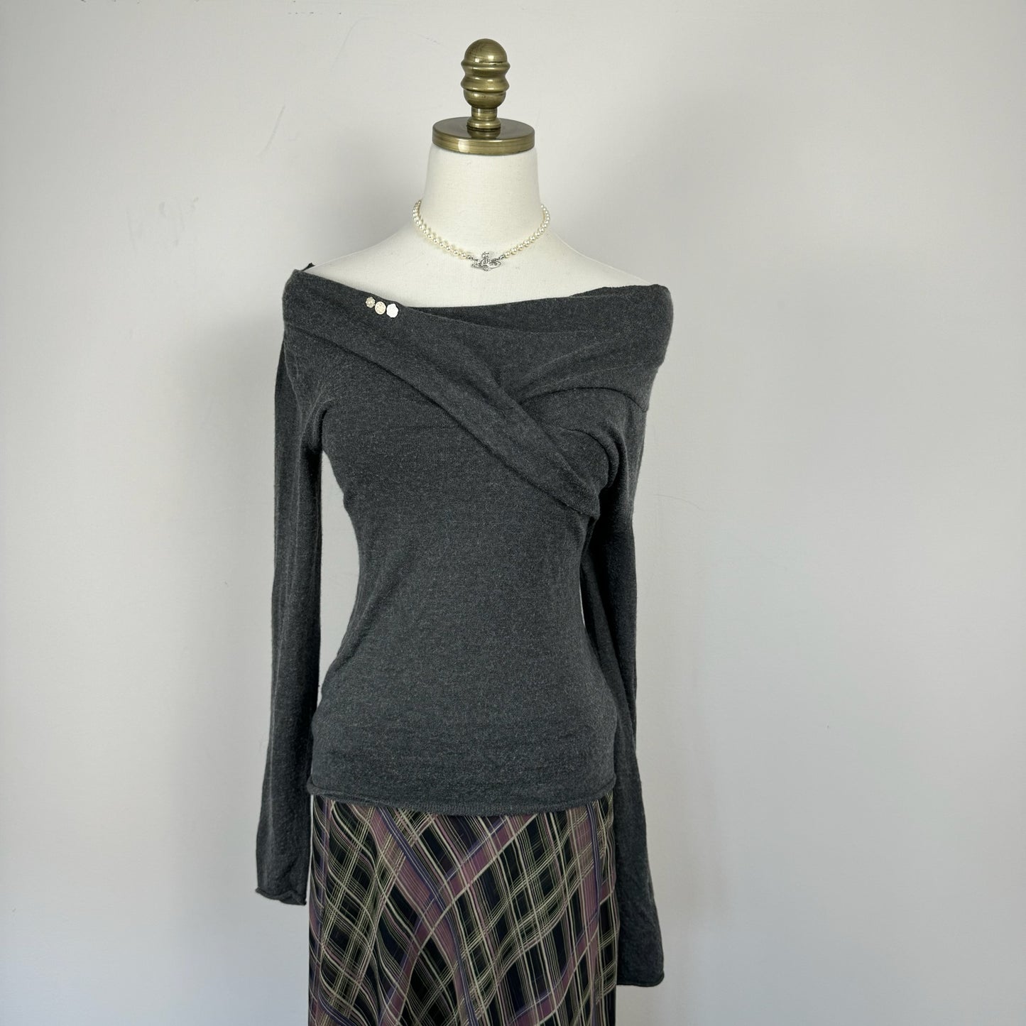 Off Shoulder Raw Hem Grey Top