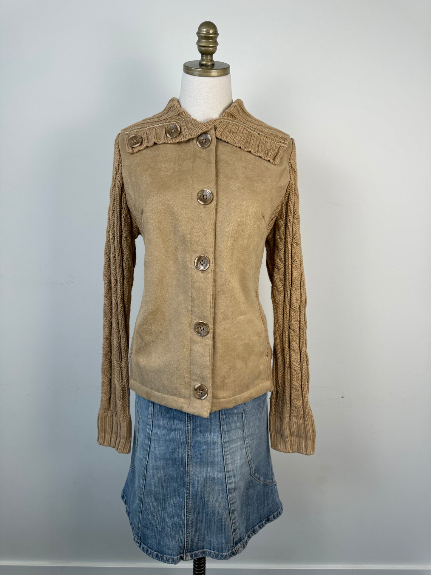 Vintage Tan Suede Cable Knit Button Up Jacket