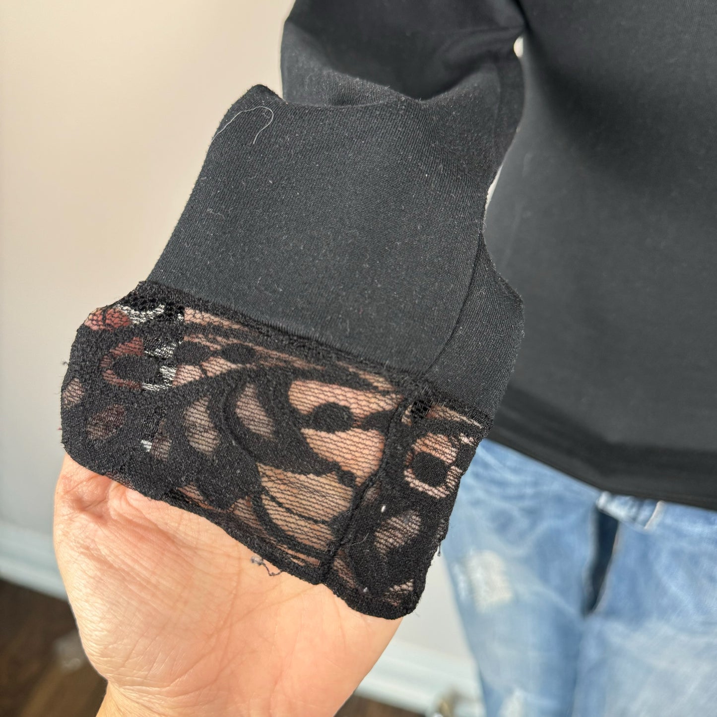 Black Fitted Lace Trim Long Sleeve Top