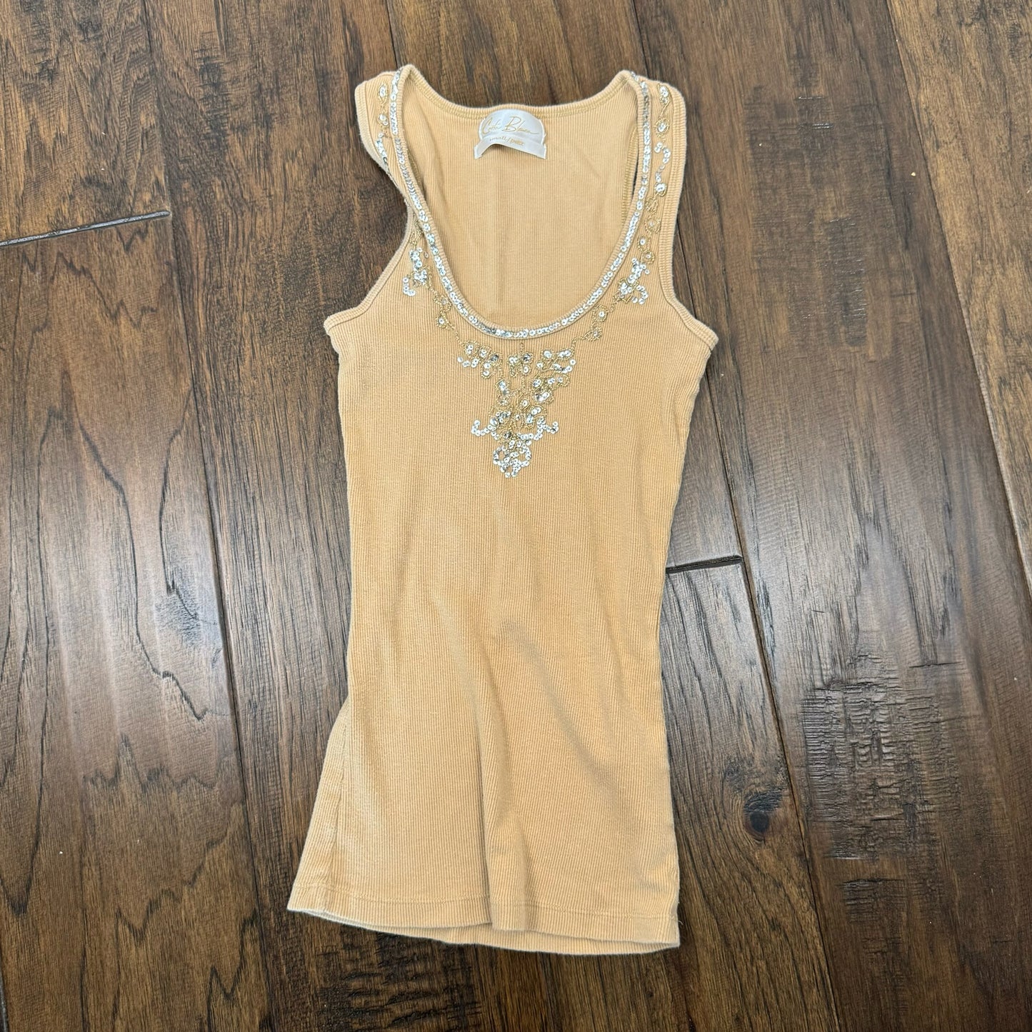 Fitted Beaded Beige Ribbed Knit Tank Top