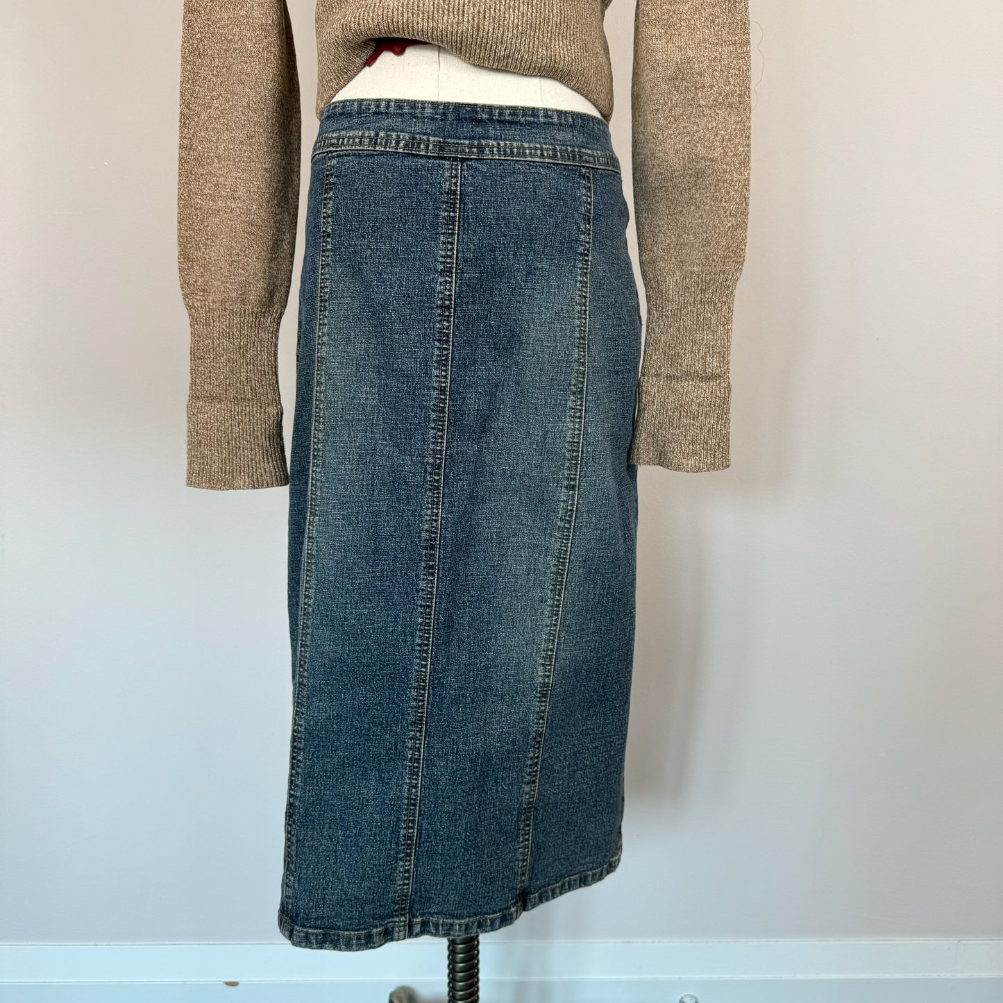 Vintage Faded Denim Midi Skirt