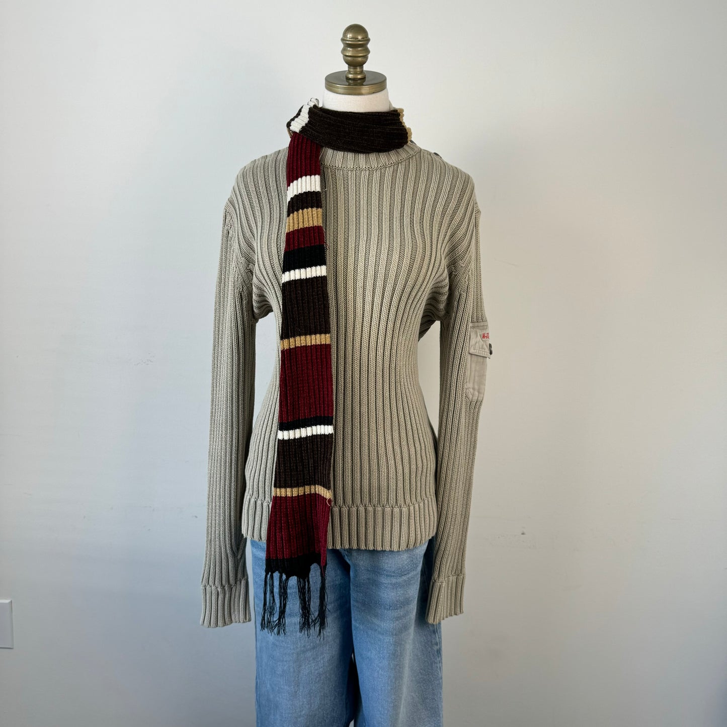 Red, Cream, Brown Striped Knit Scarf