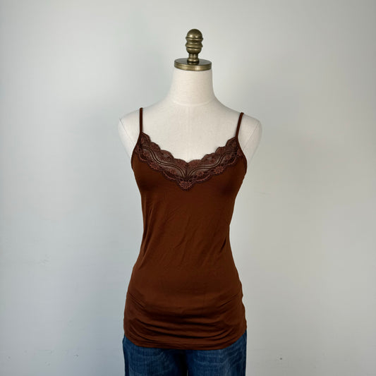 Brown Lace Trim Cami Top