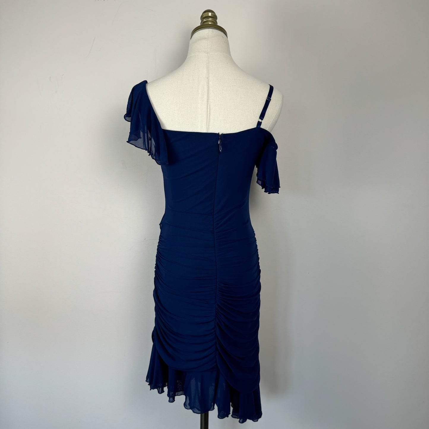 Bebe Navy Mesh Ruffled Midi Dress