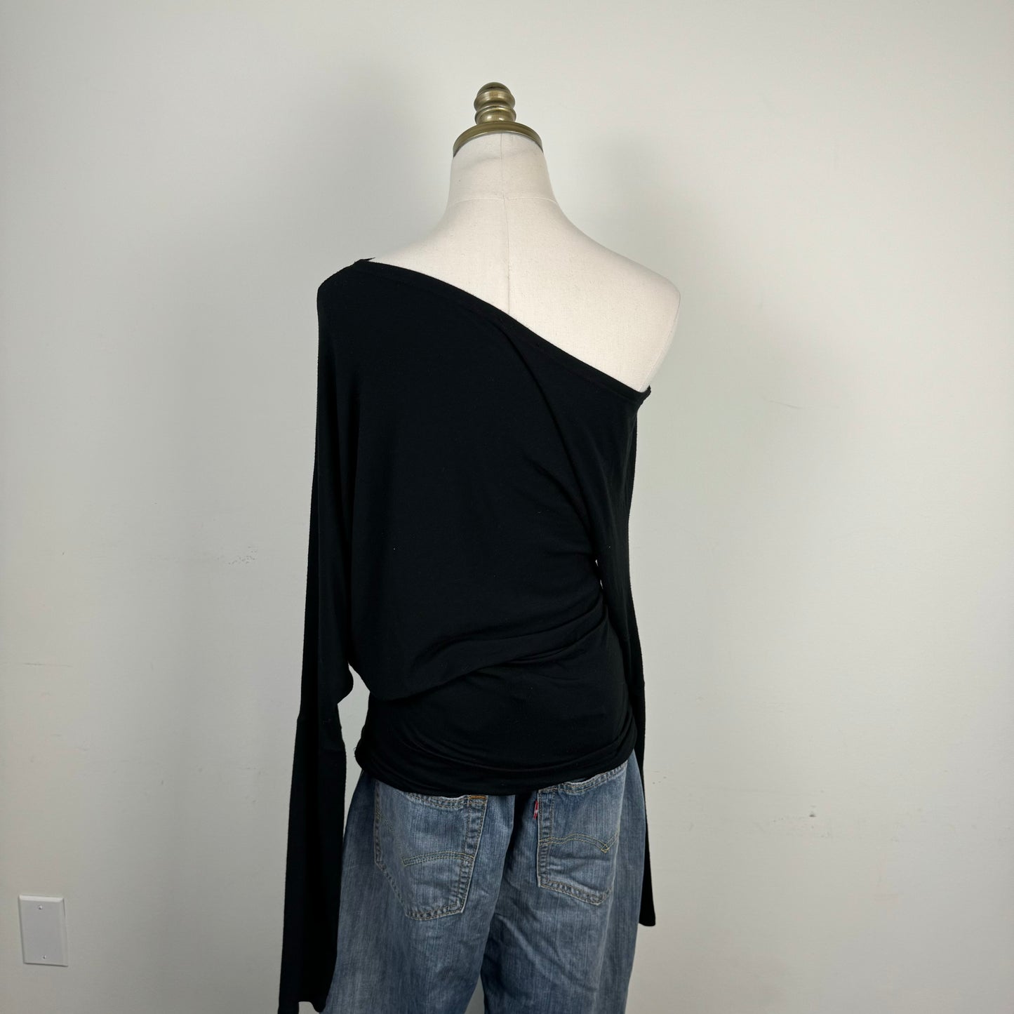 Black Asymmetric Draped Off Shoulder Long Sleeve Top