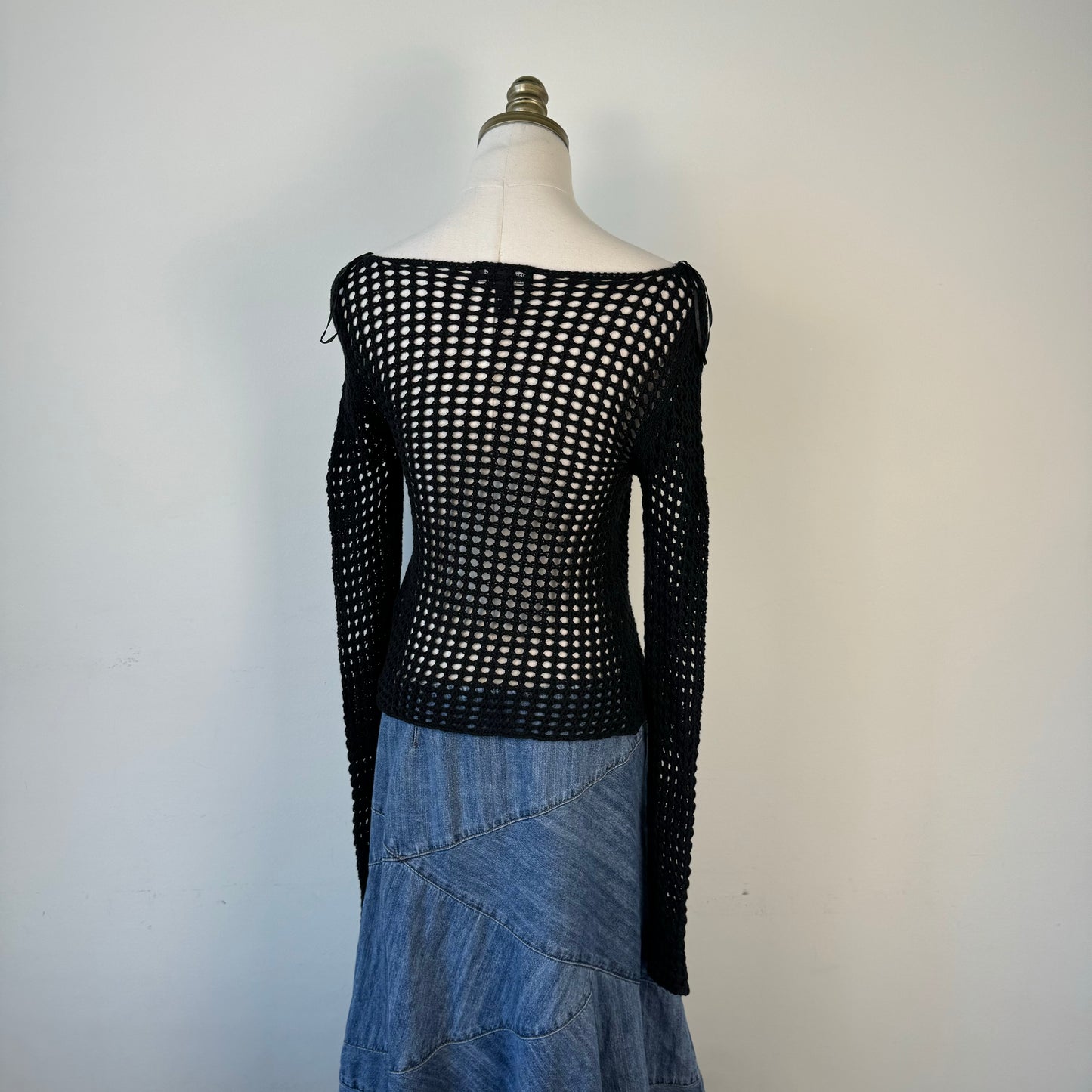 Black Crochet Boat Neck Sweater