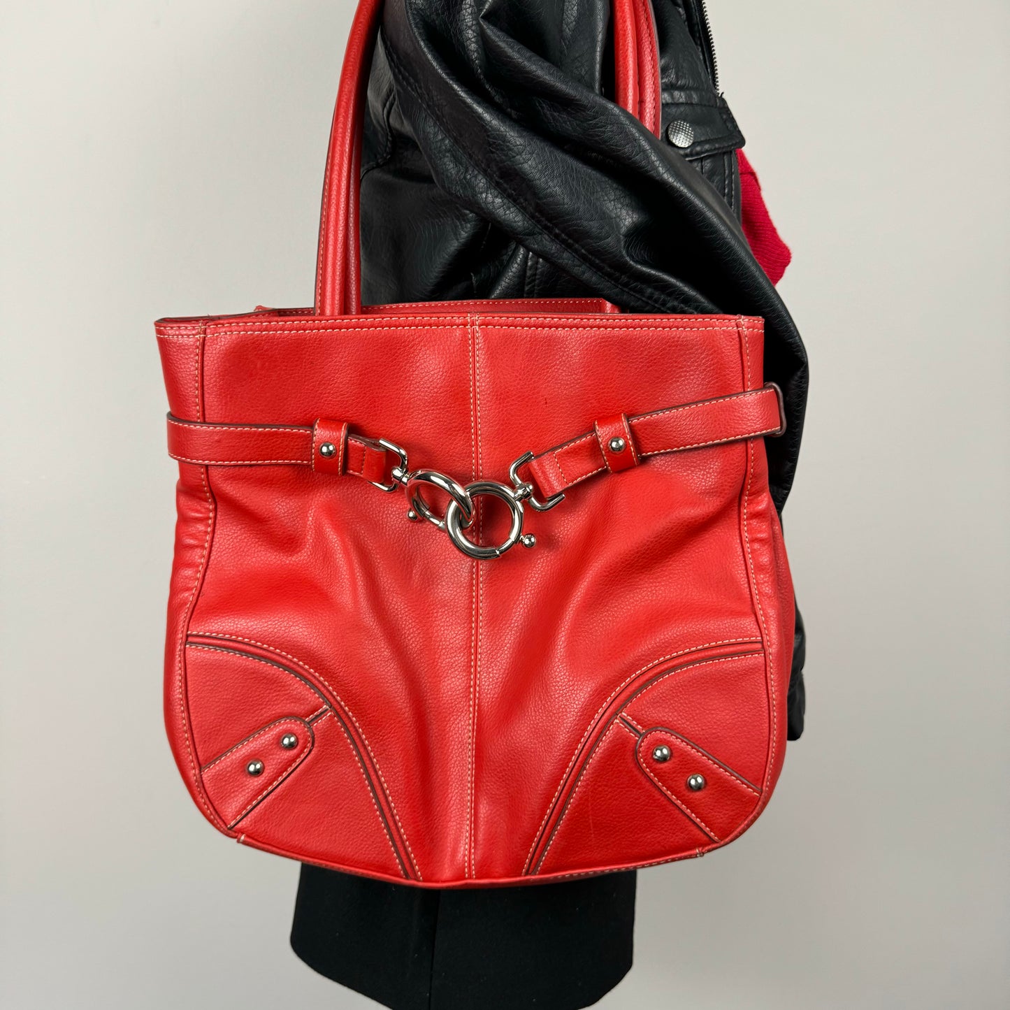 Red Leather Silver Buckle Shoulder Bag
