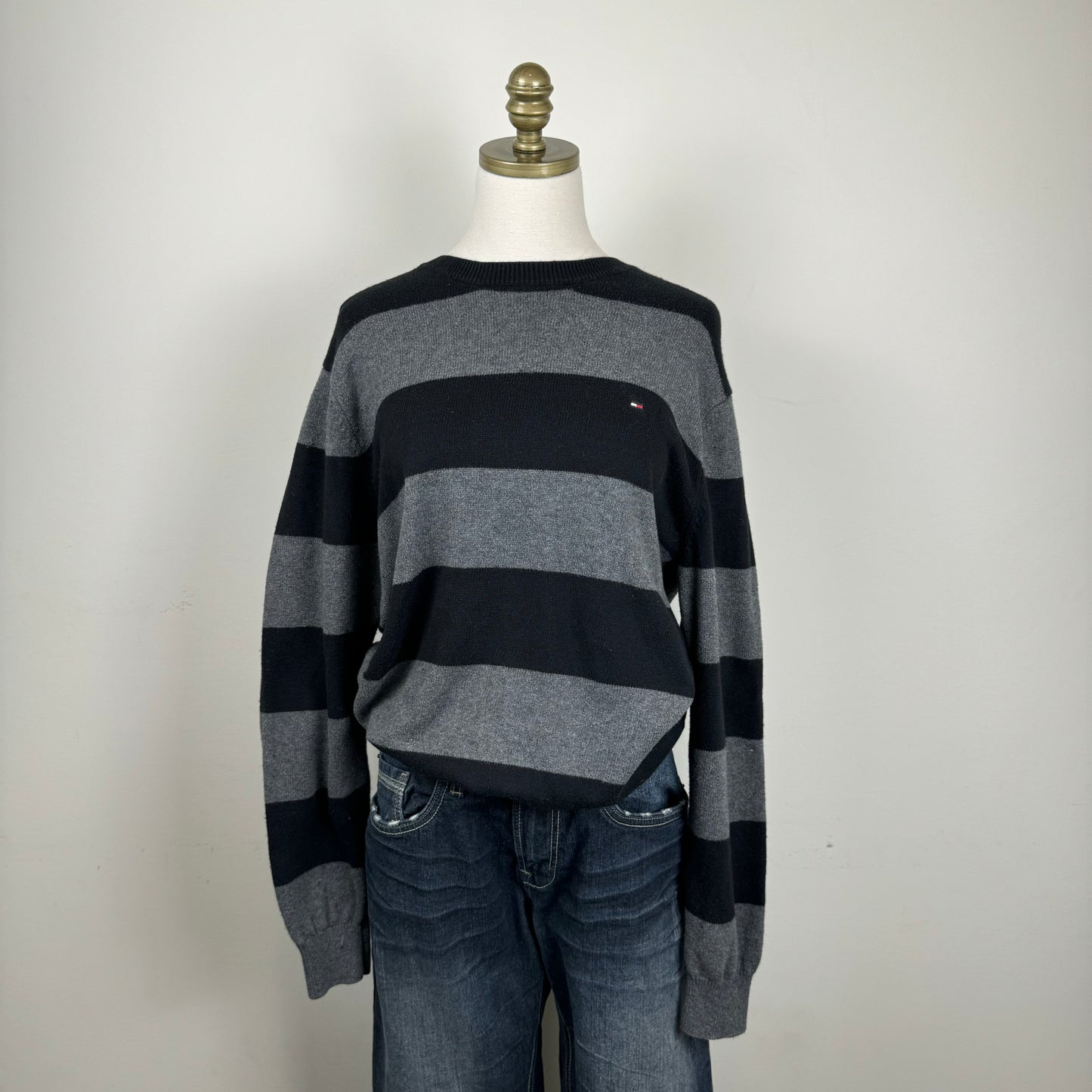 Tommy Black and Grey Striped Crewneck Sweater