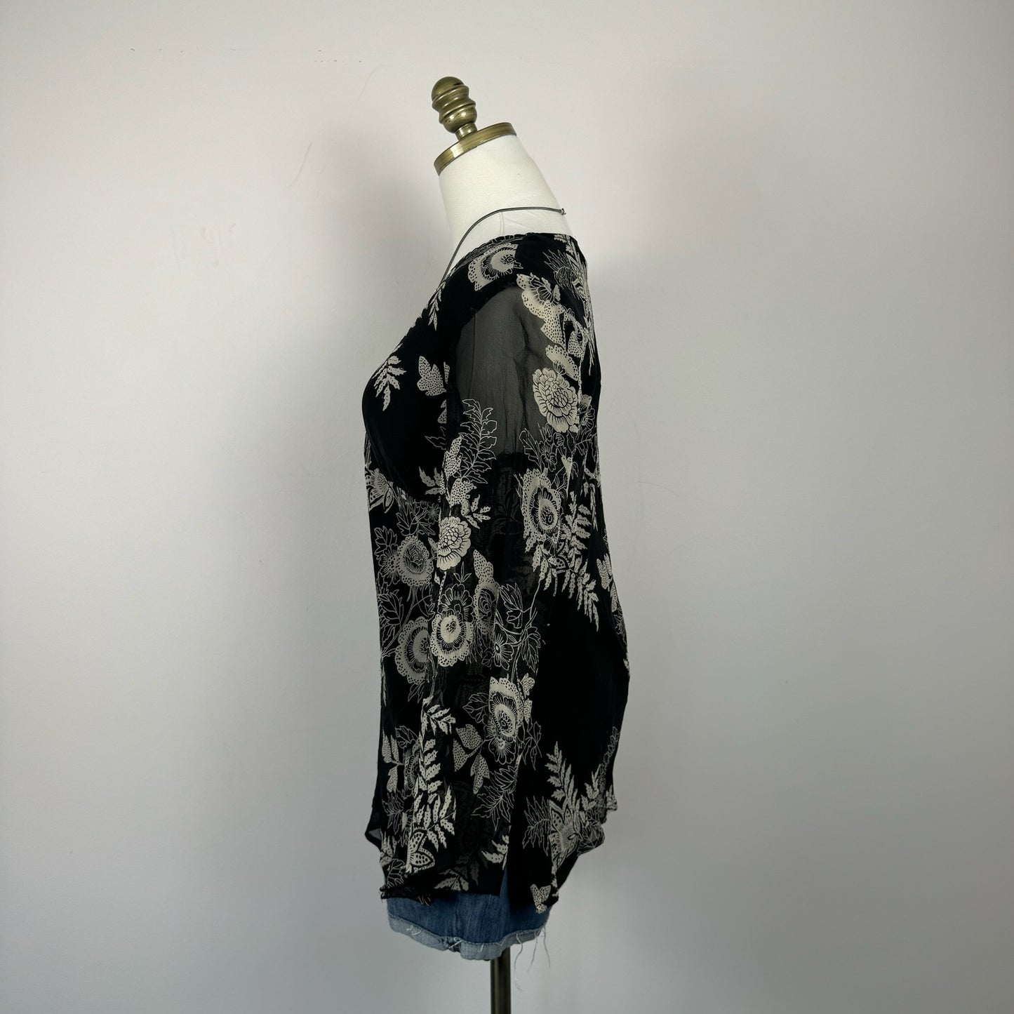Vintage Chiffon Silk Floral Print Bell Sleeve Top