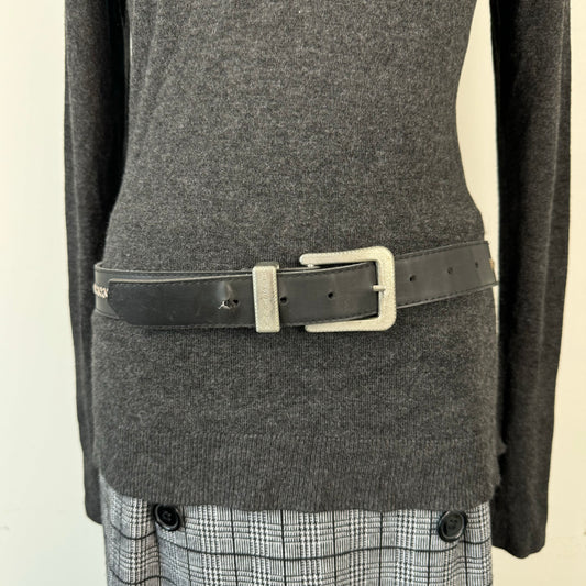 Black Western Silver Buckle Leather Belt