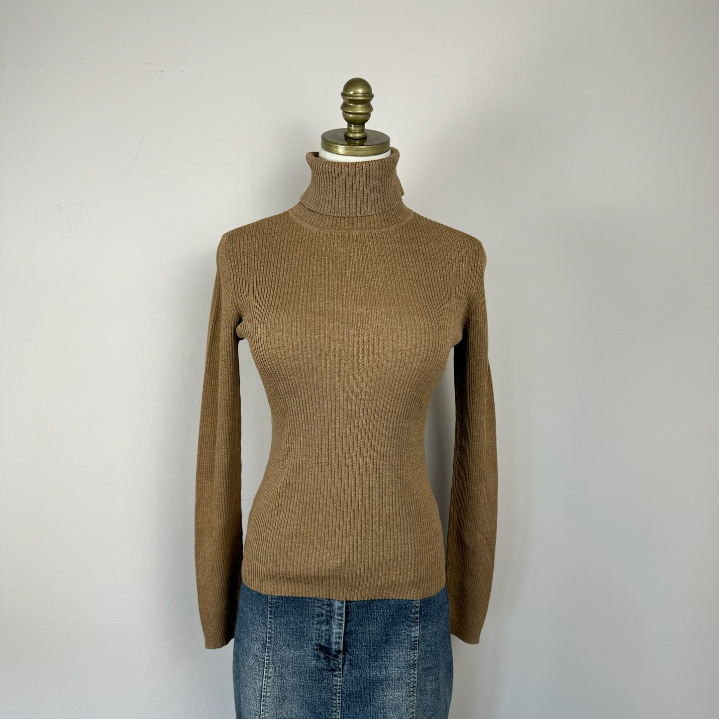 Sand Brown Ribbed Knit Turtleneck Sweater