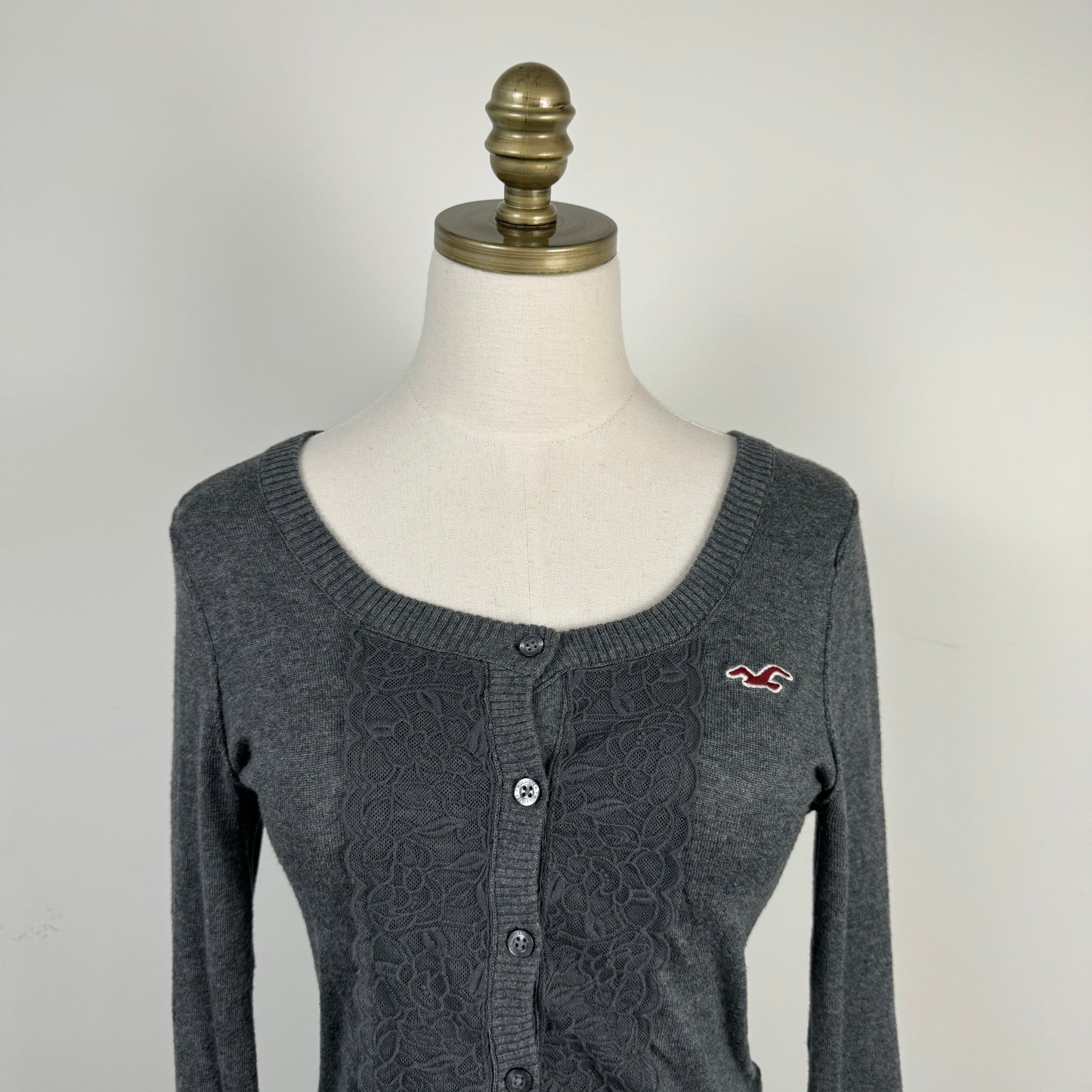 Dark Grey Lace Floral Button Up Cardigan