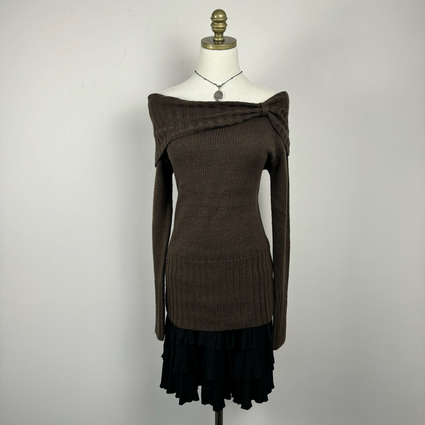 Brown Off The Shoulder Long Sweater/Mini Dress