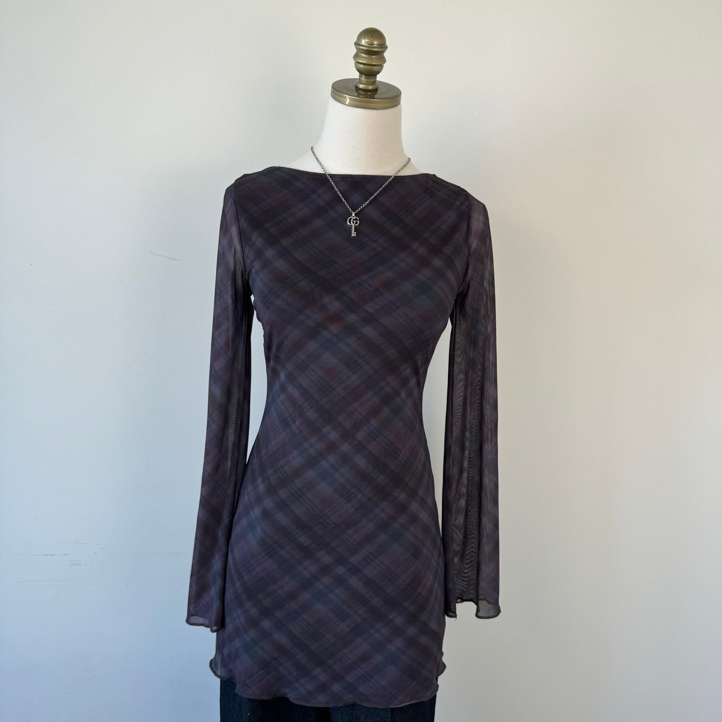 Plaid Mesh Overlay Mini Dress