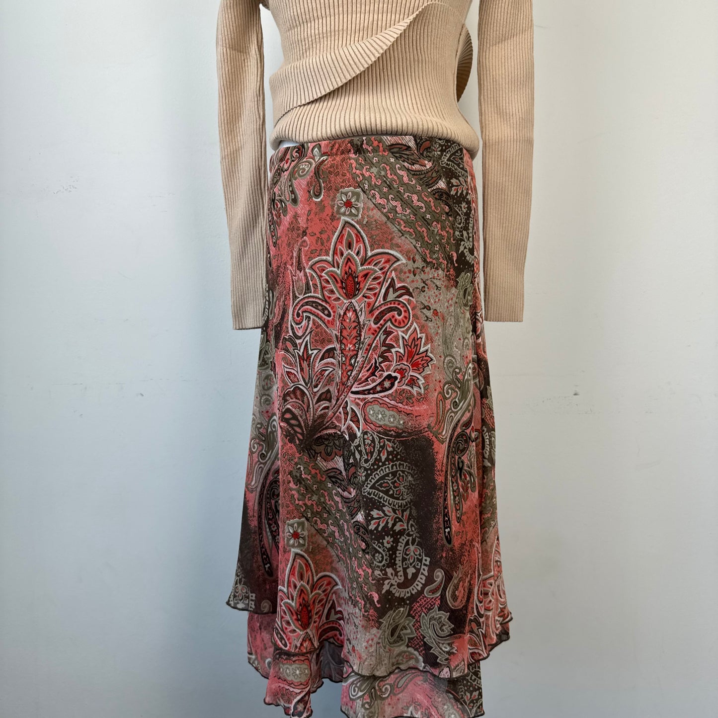 Vintage Mesh Floral Paisley Print Midi Skirt
