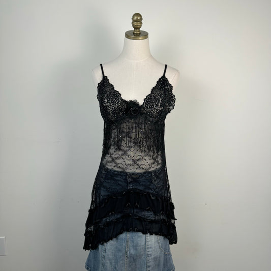 Black Lace Mesh Babydoll Slip Dress