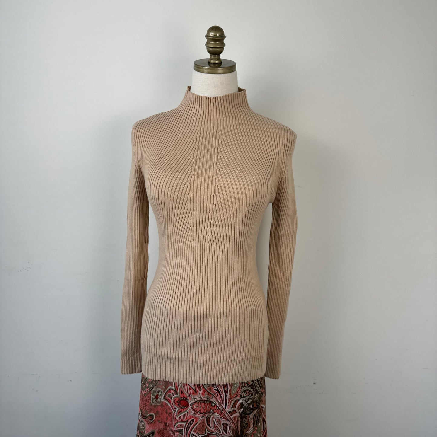 Fitted Beige Long Sleeve Mock Neck Sweater