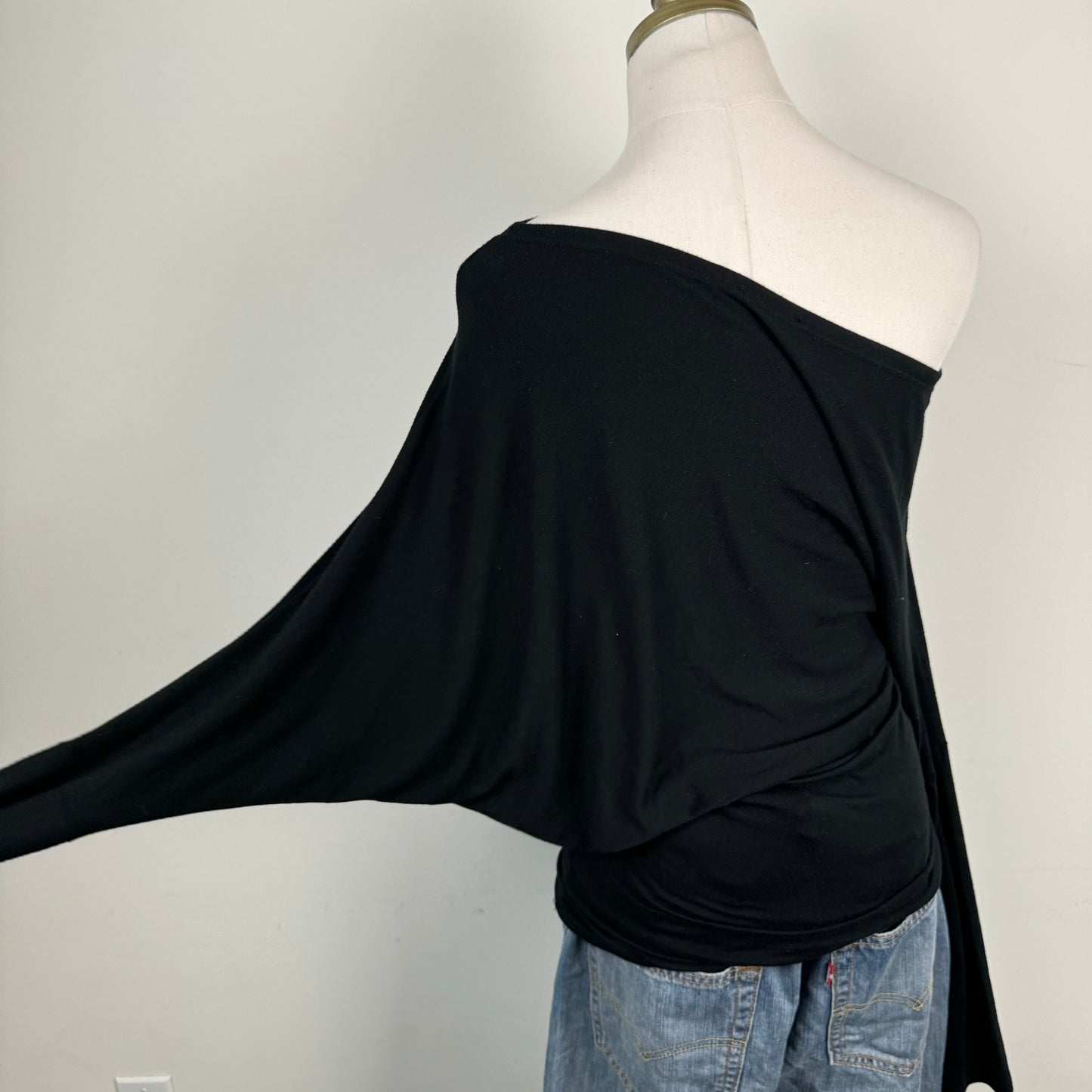 Black Asymmetric Draped Off Shoulder Long Sleeve Top