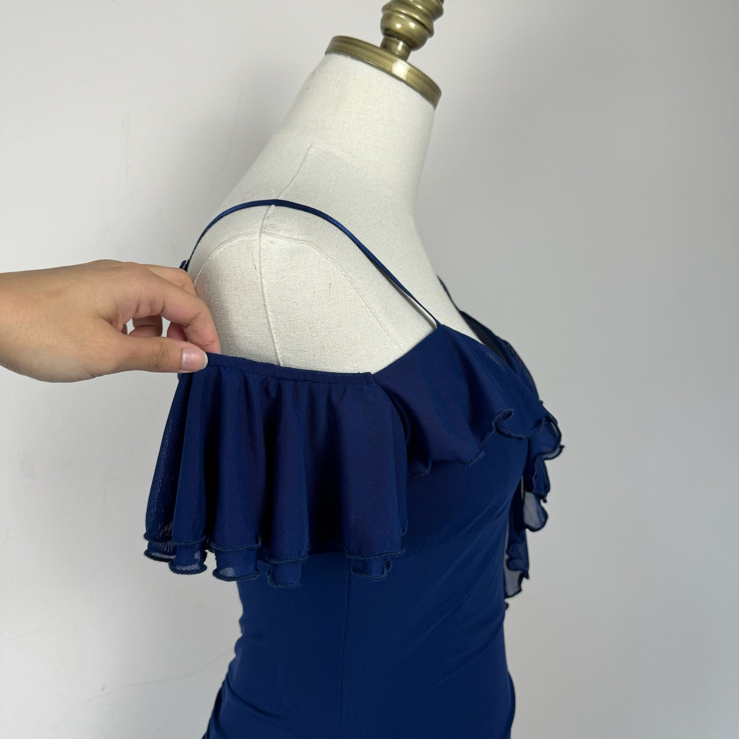 Bebe Navy Mesh Ruffled Midi Dress
