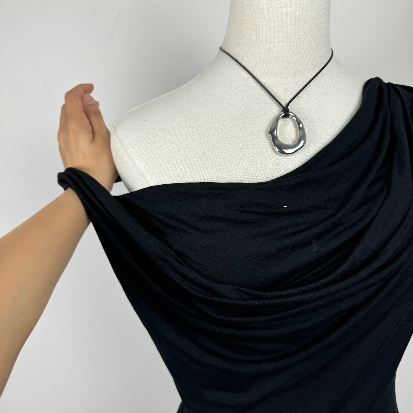 BCBG Black Off Shoulder Asymmetric Cowl Neck Top