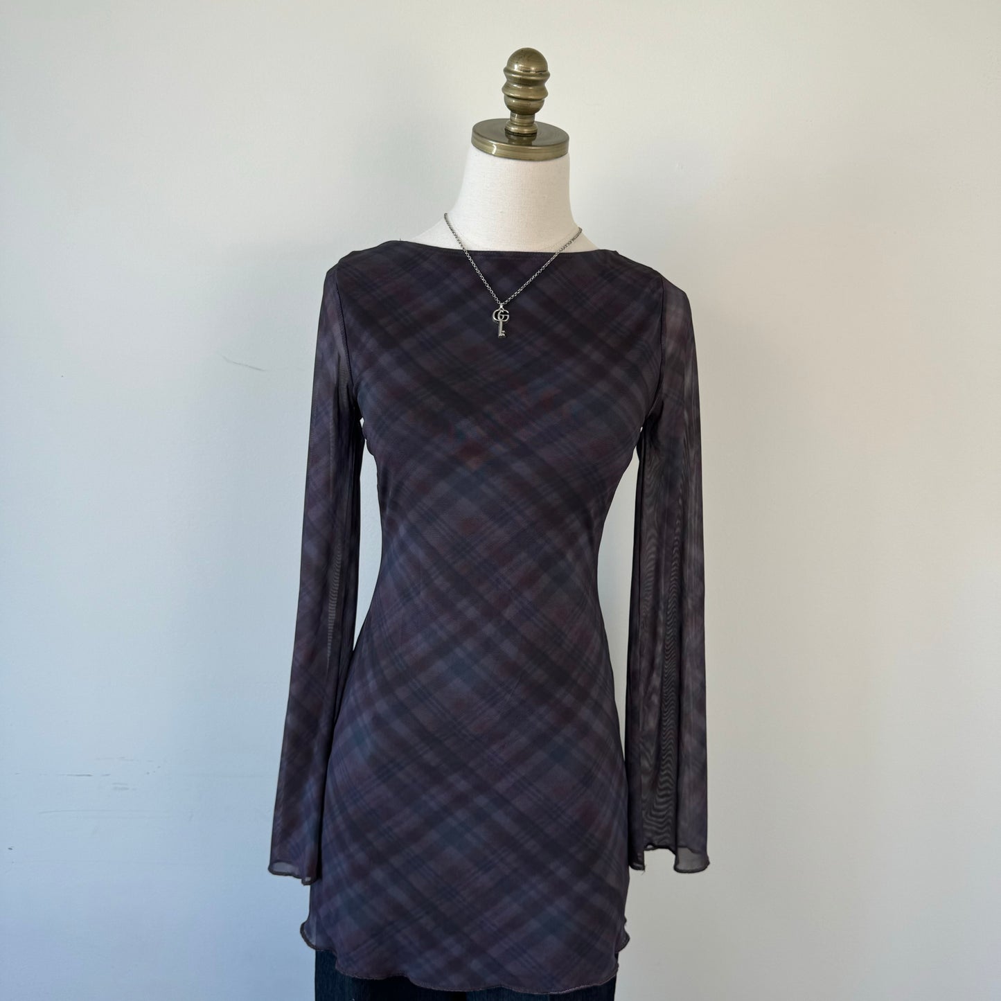 Plaid Mesh Overlay Mini Dress