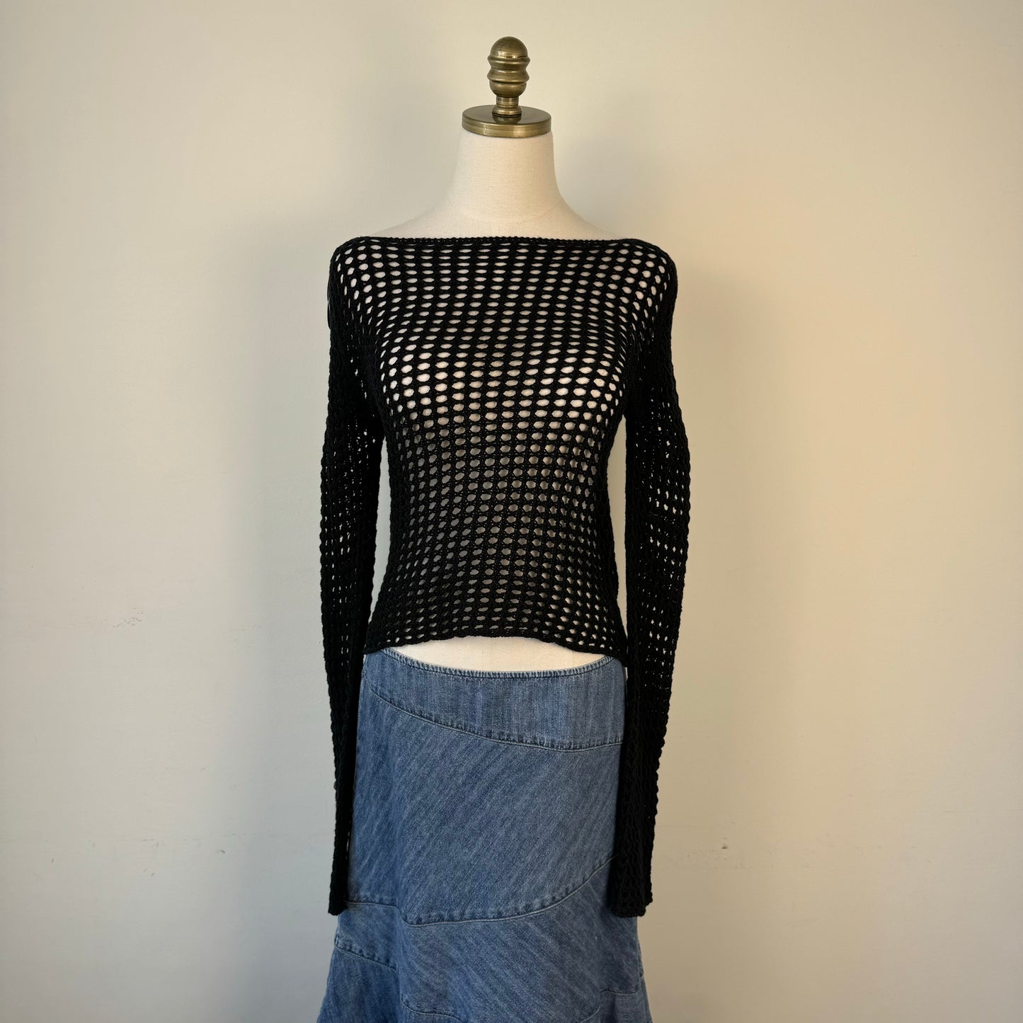 Black Crochet Boat Neck Sweater