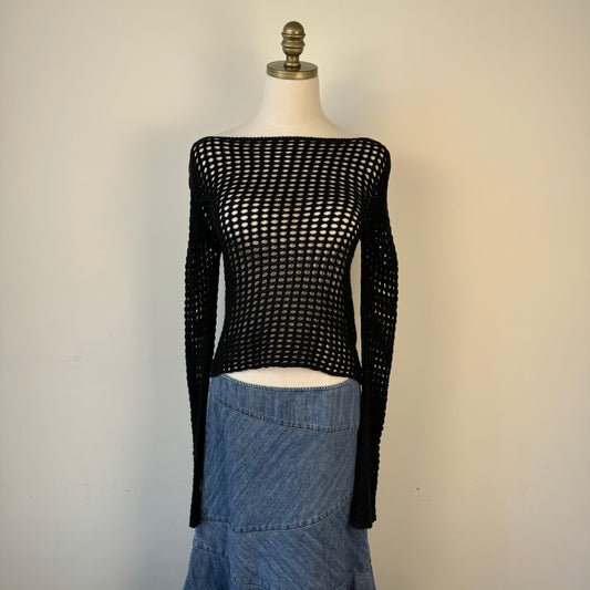 Black Crochet Boat Neck Sweater