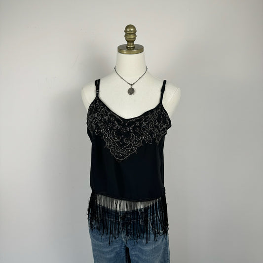 Black Beaded Sleeveless Top with Fringe