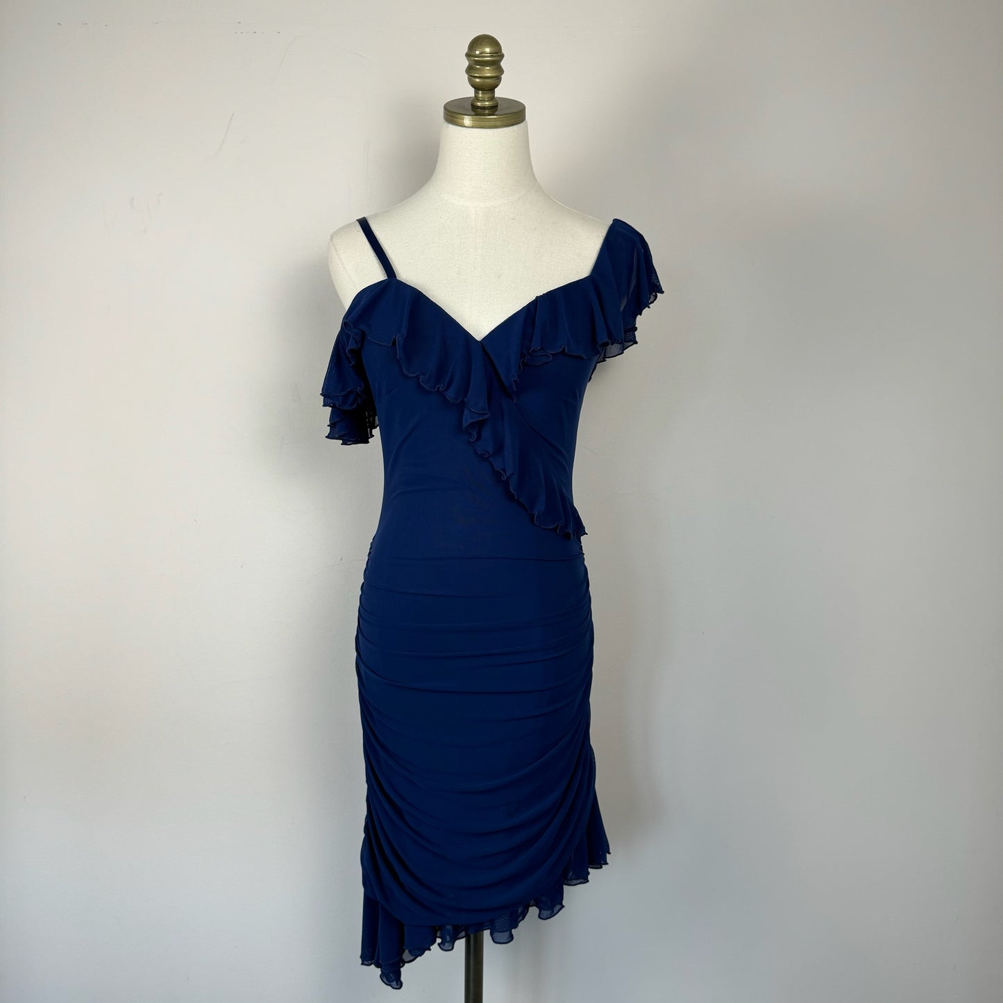 Bebe Navy Mesh Ruffled Midi Dress