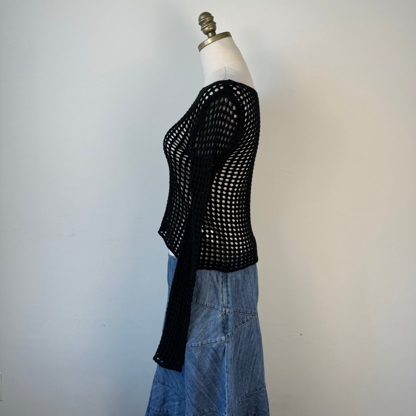 Black Crochet Boat Neck Sweater