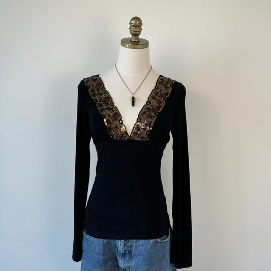 Vintage Black Babydoll Sequin Top