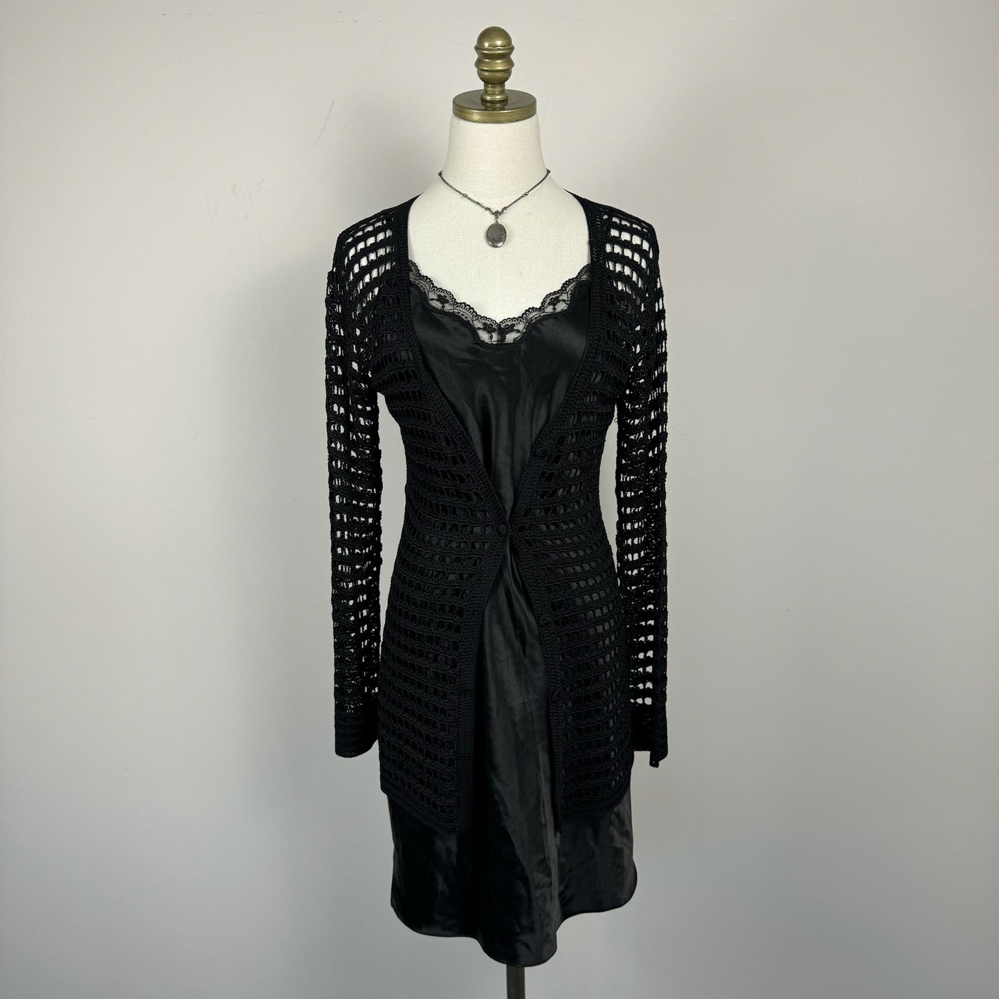 Black Silky Lace Trim Slip Dress