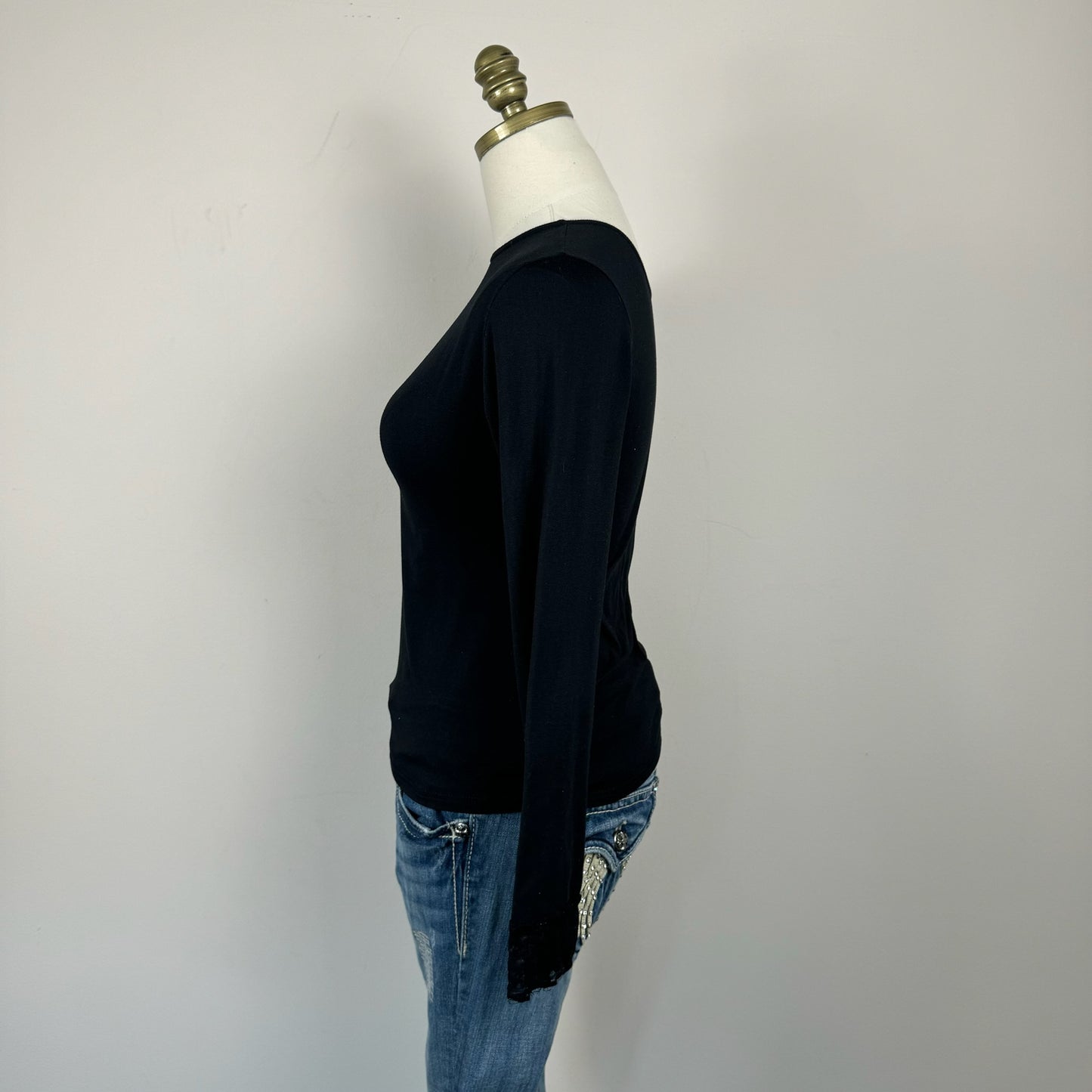 Black Fitted Lace Trim Long Sleeve Top