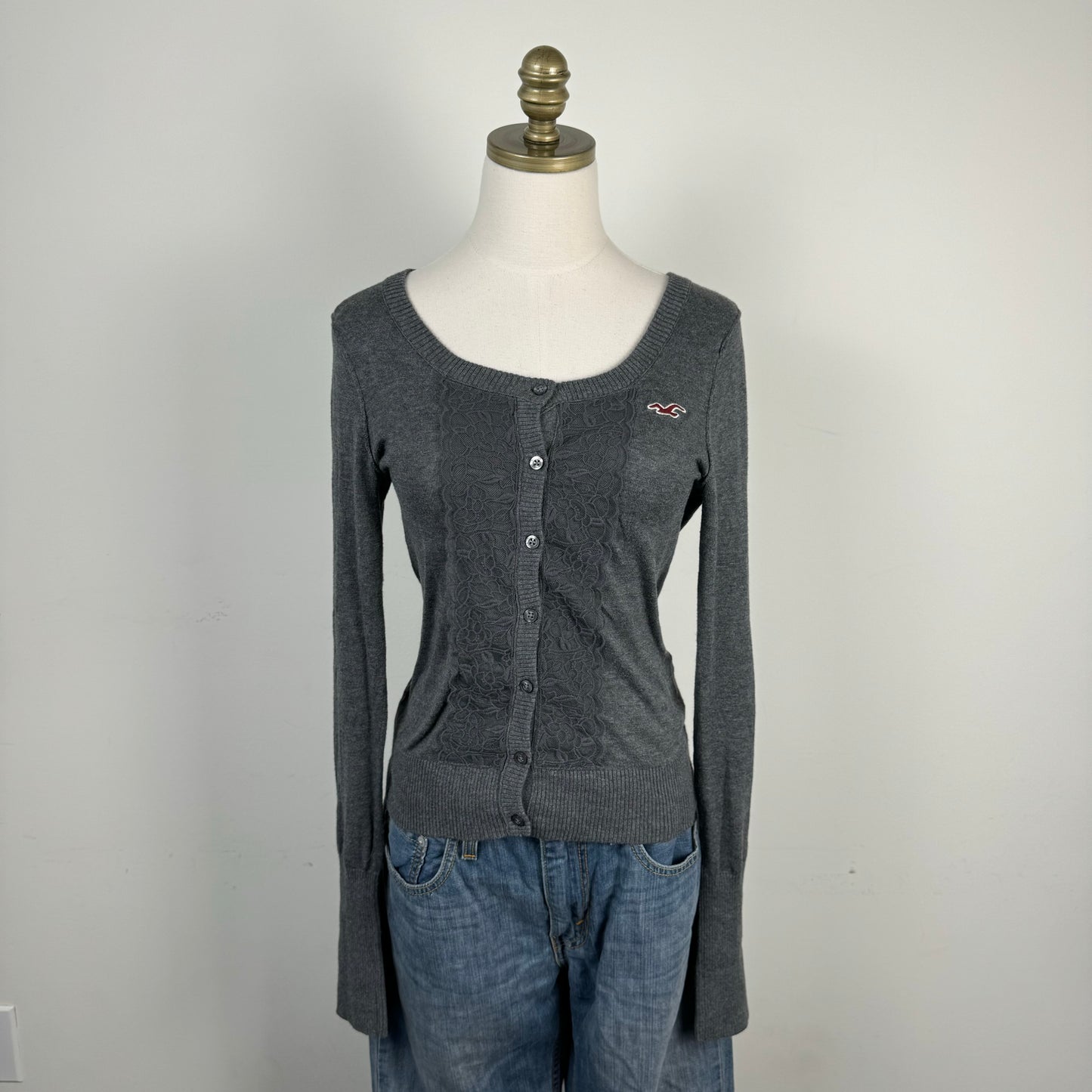 Dark Grey Lace Floral Button Up Cardigan