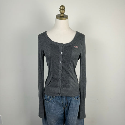 Dark Grey Lace Floral Button Up Cardigan