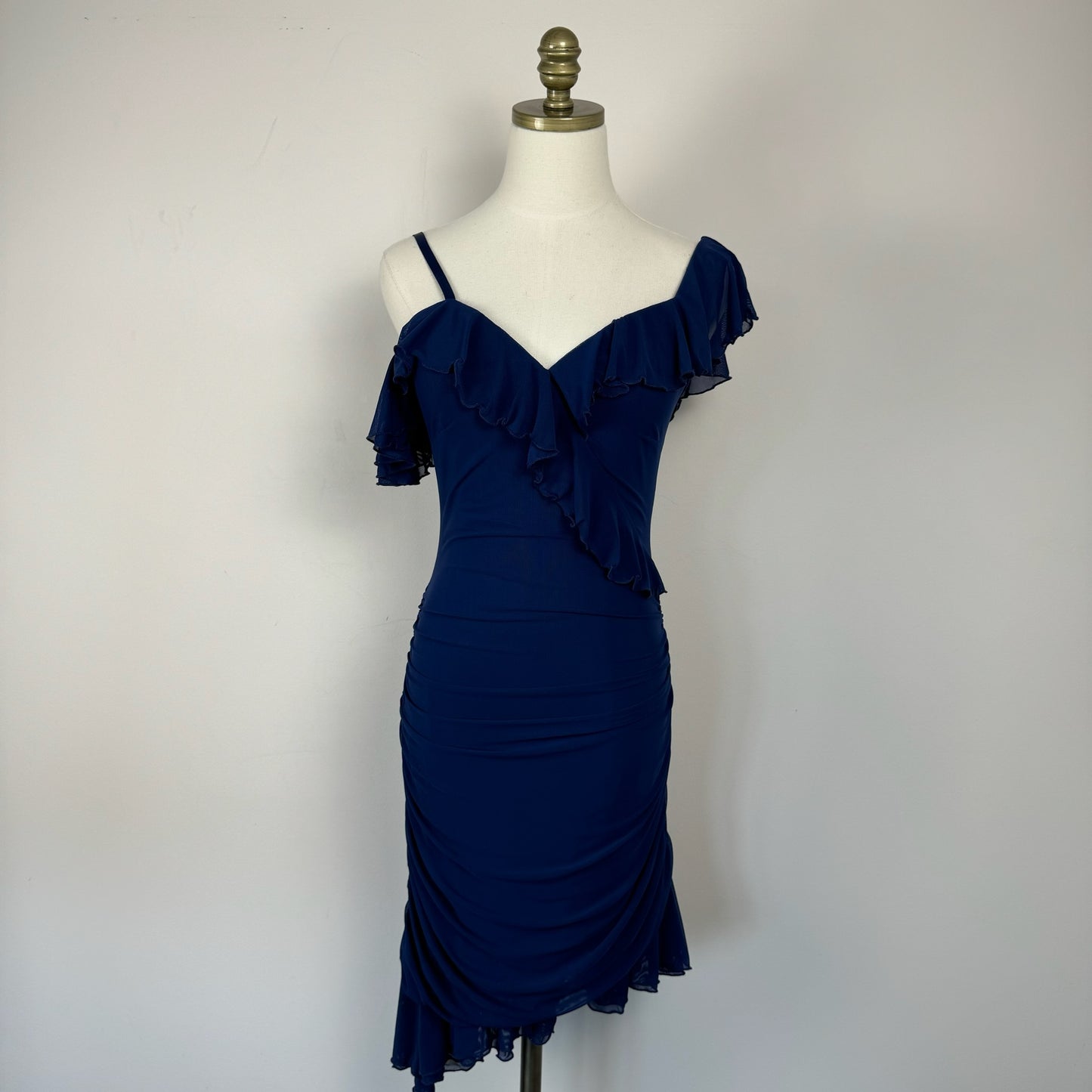 Bebe Navy Mesh Ruffled Midi Dress